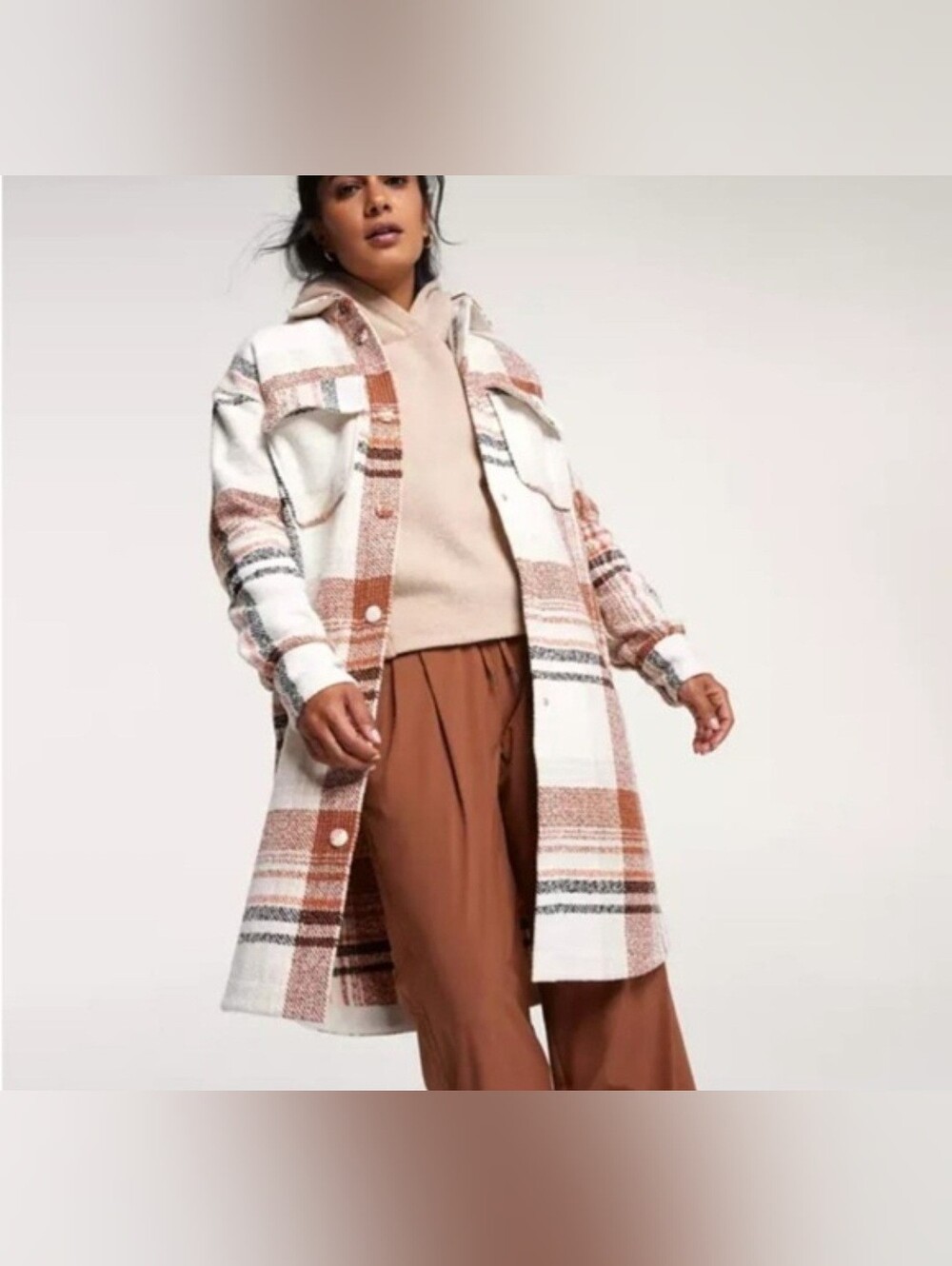 NWT Calia long plaid shacket in light sand plaid, size S